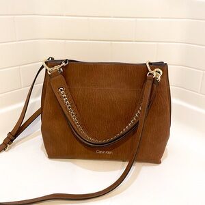 NWT Calvin Klein Brown Leather Purse w/Gold Braided Chain and Detachable Pouch